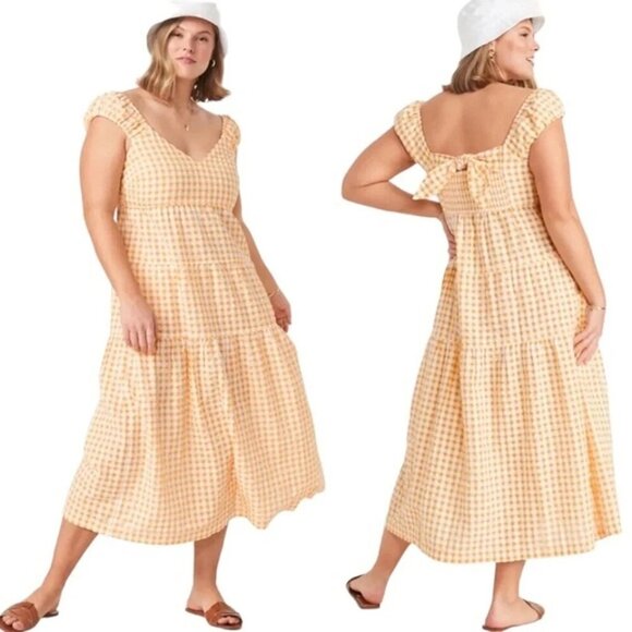 Old Navy Womens M Fit Flare Tiered Seersucker All Day Yellow Gingham Maxi Dress - Picture 4 of 12